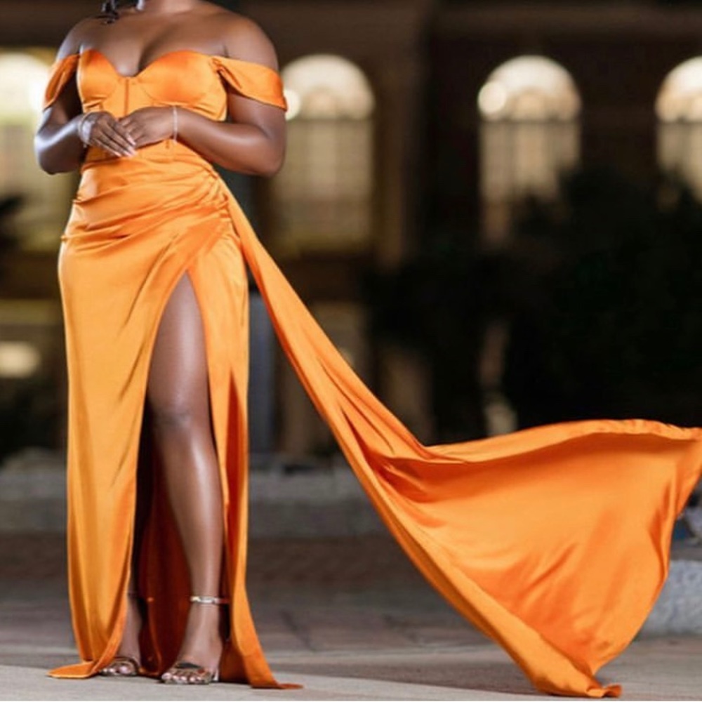 Zayda Orange High Slit Corset Satin Gown